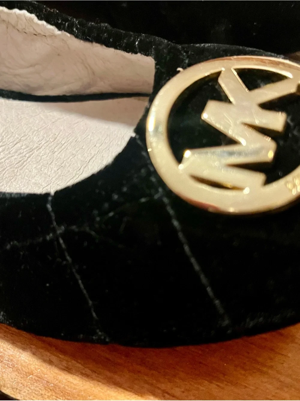 Michael Kors Black Velvet Ballet Flats with Gold MK Emblems Sz 7M